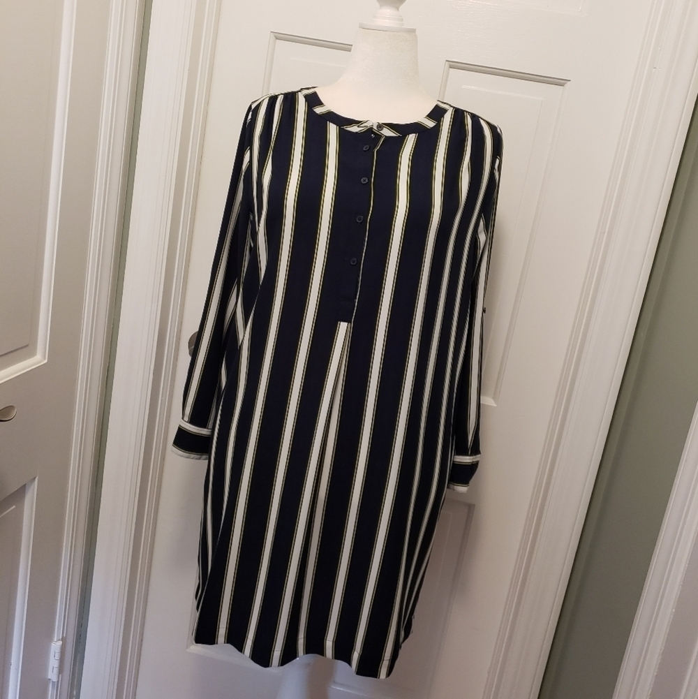 LOFT OUTLET Striped Dress Size LP, Business, Classic Navy, Yellow, White Stripes